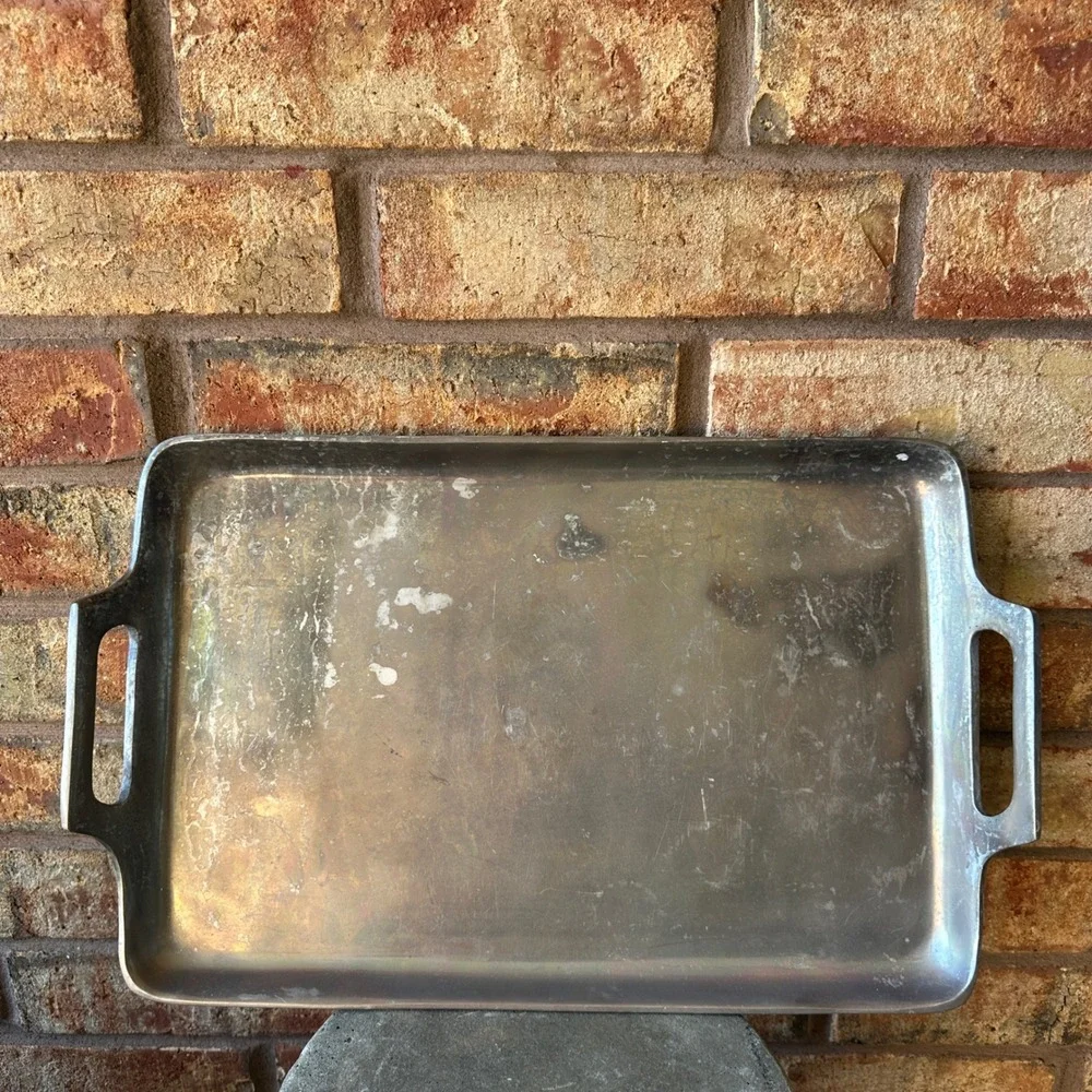 Pottery Barn Barona Aluminum Silver Metal Rectangular Serving Tray with Handles
